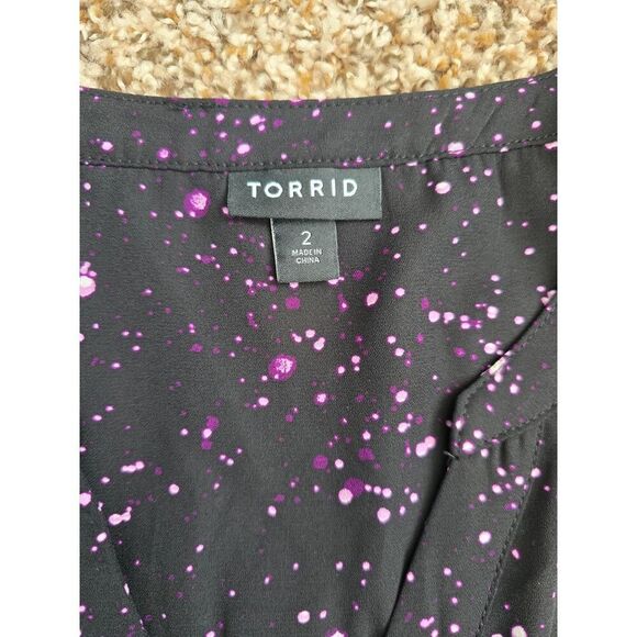 Torrid Black Purple Splatter Print Blouse Roll Tab Sleeve Size 2X Preppy - Picture 5 of 9